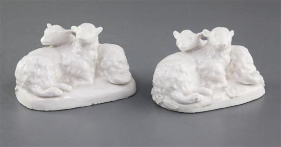 A rare pair of Longton Hall Snowman groups of sheep, c.1750-2, l. 10cm, small areas of restoration.